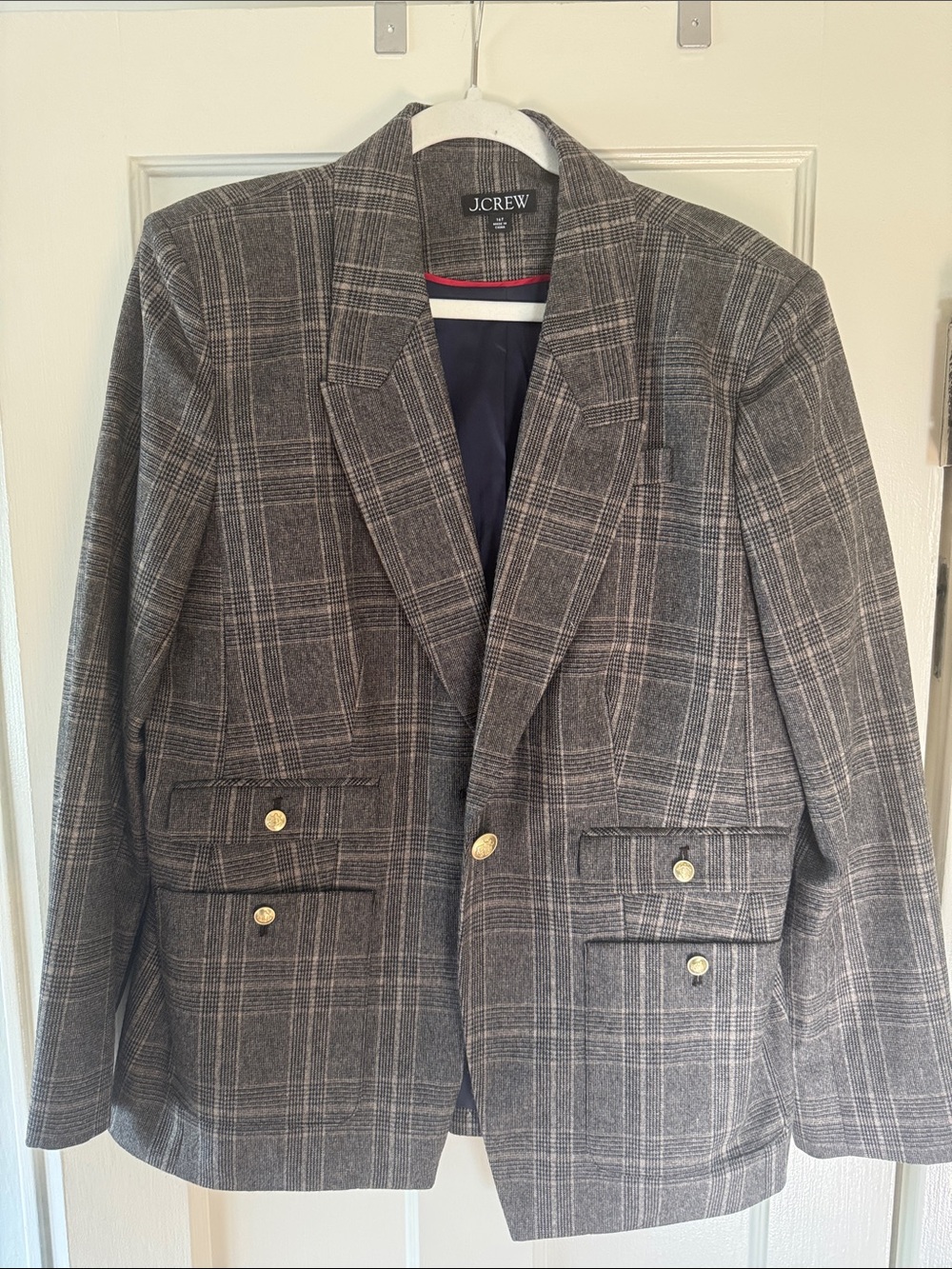 J. Crew Women’s Gray Plaid Wool-Blend Blazer with Gold Buttons